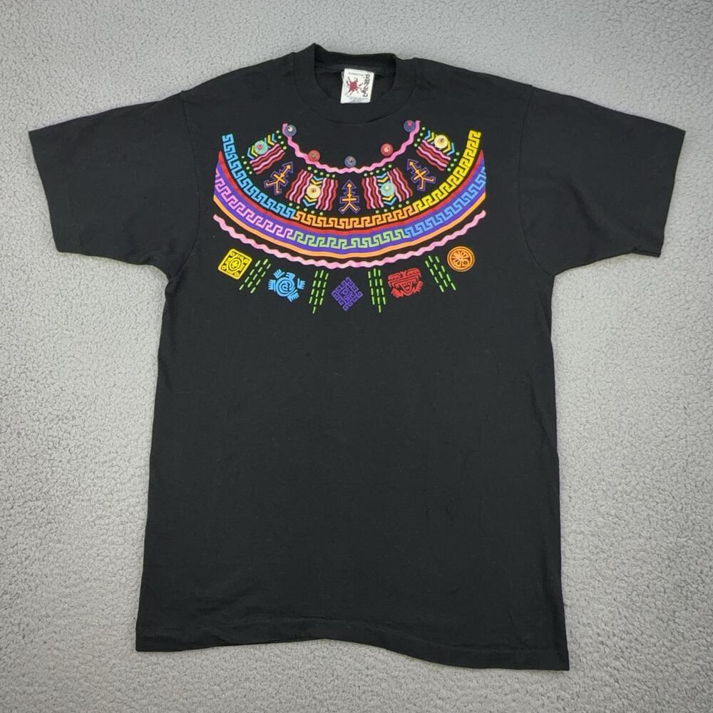 Vintage EZZE Wear Shirt Mens One Size Black Tribal Beaded Aztec Graphic 1990 USA